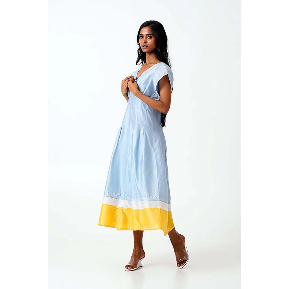 MADDER MUCH Blue Cotton V-Neck Solid/Plain Midi Dress - Image 3