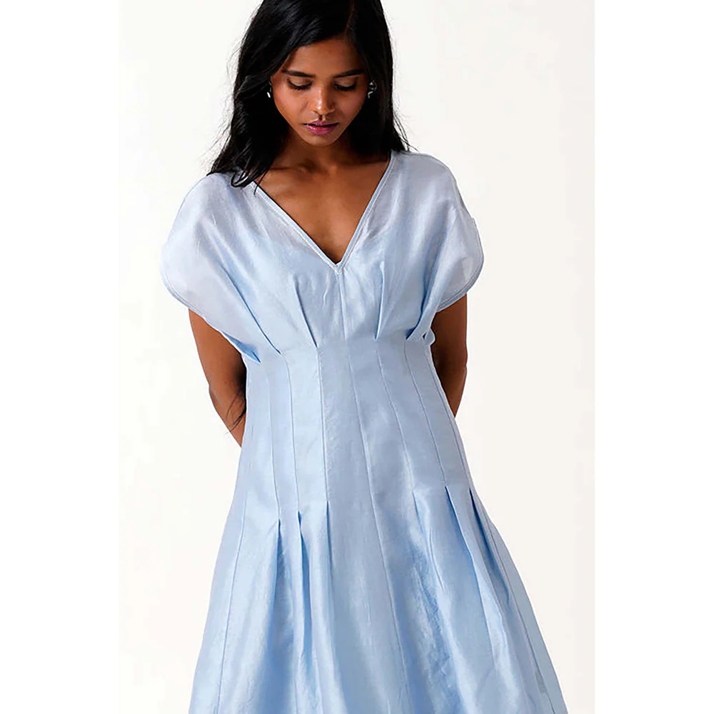 MADDER MUCH Blue Cotton V-Neck Solid/Plain Midi Dress - Image 4