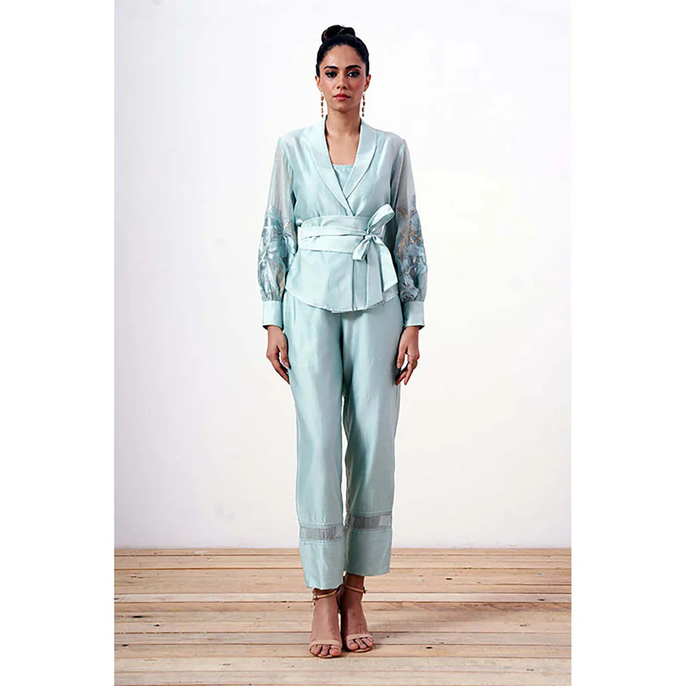 MADDER MUCH Cotton Blue V-Neck Solid/Plain Top with Pant Co-Ord's - Image 2