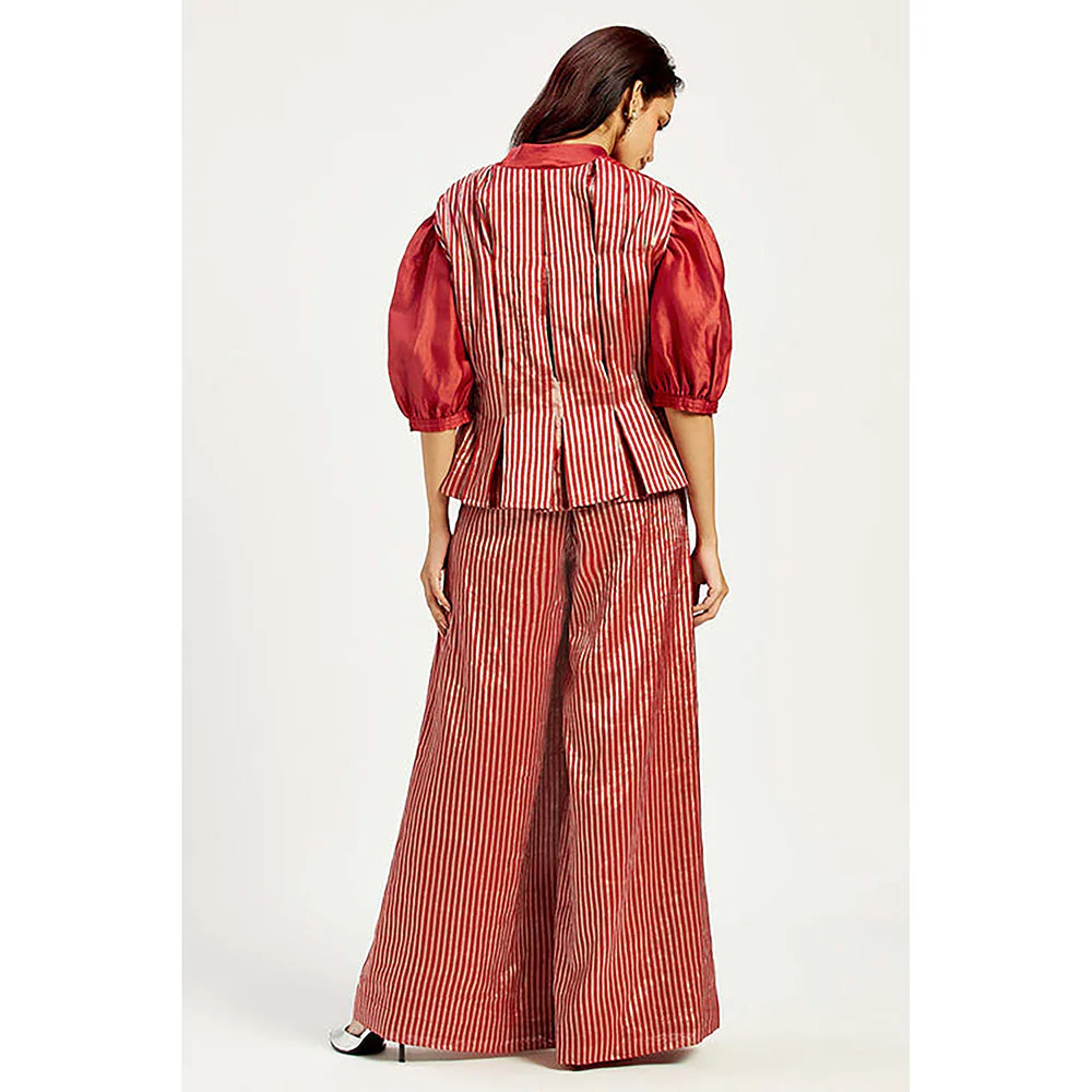 MADDER MUCH Cotton Red V-Neck Stripes Top With Waist Coat And Palazzo - Image 4