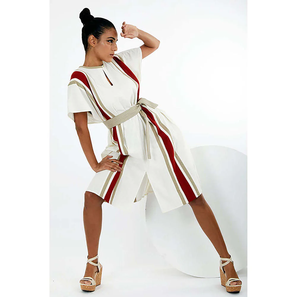 MADDER MUCH Ivory Cotton Round Neck Stripes A-Line Knee Length Dress With Belt - Image 2