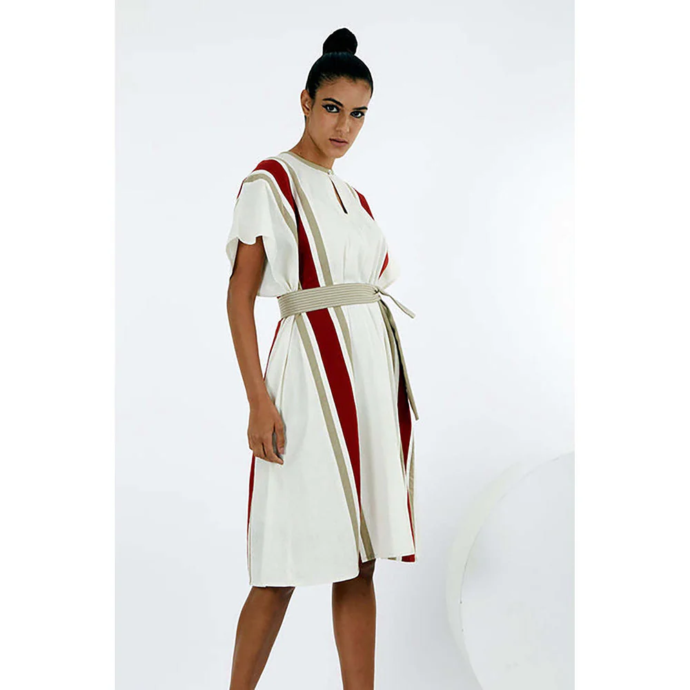 MADDER MUCH Ivory Cotton Round Neck Stripes A-Line Knee Length Dress With Belt - Image 3