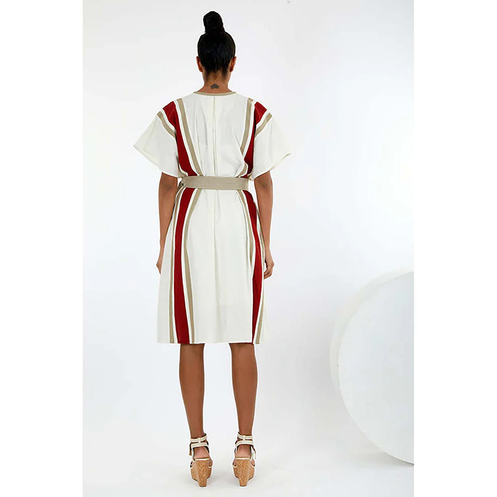 MADDER MUCH Ivory Cotton Round Neck Stripes A-Line Knee Length Dress With Belt - Image 5