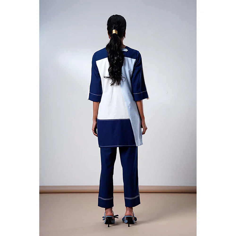 MADDER MUCH Navy Blue Cotton Crew Neck Colorblock Top With Pant - Image 6