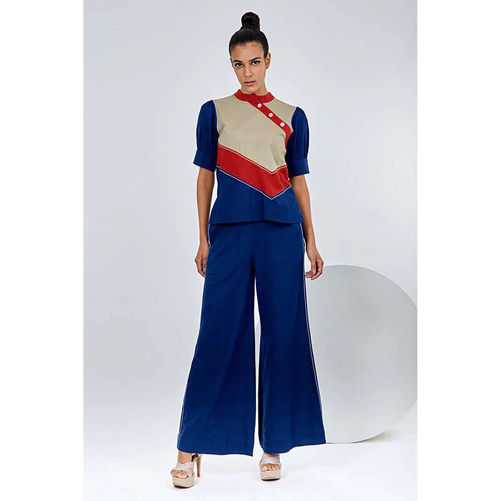 MADDER MUCH Navy Blue Cotton Crew Neck Solid/Plain Top With Pant - Image 3