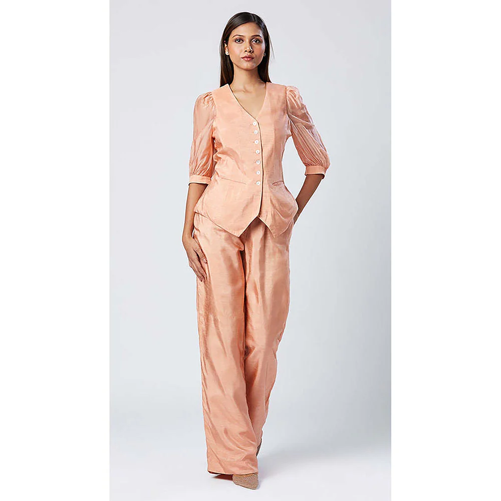 MADDER MUCH Peach Chanderi Silk V-Neck Solid/Plain Waistcoat Top With Pant