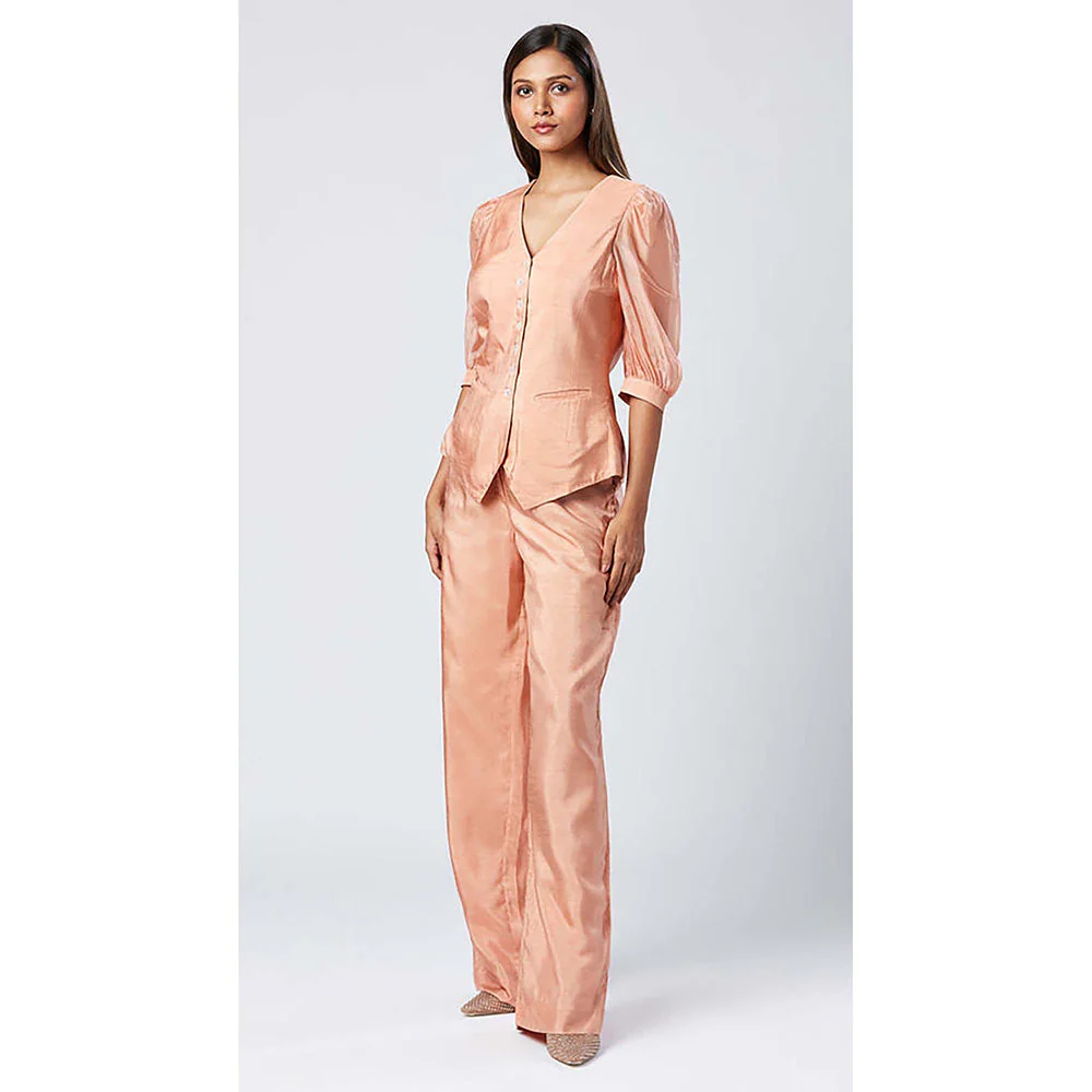 MADDER MUCH Peach Chanderi Silk V-Neck Solid/Plain Waistcoat Top With Pant - Image 2