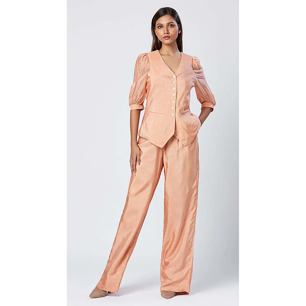 MADDER MUCH Peach Chanderi Silk V-Neck Solid/Plain Waistcoat Top With Pant - Image 3
