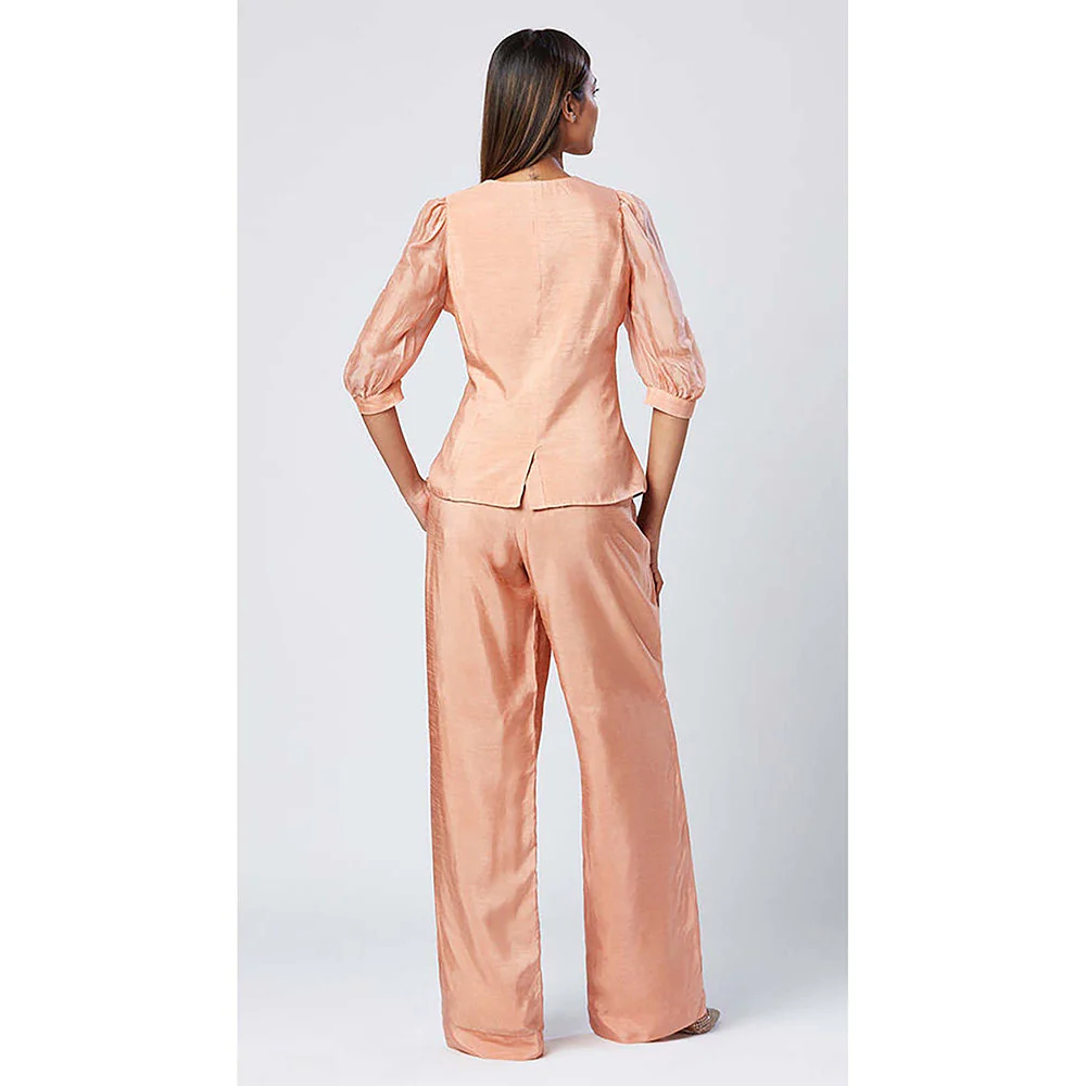 MADDER MUCH Peach Chanderi Silk V-Neck Solid/Plain Waistcoat Top With Pant - Image 4