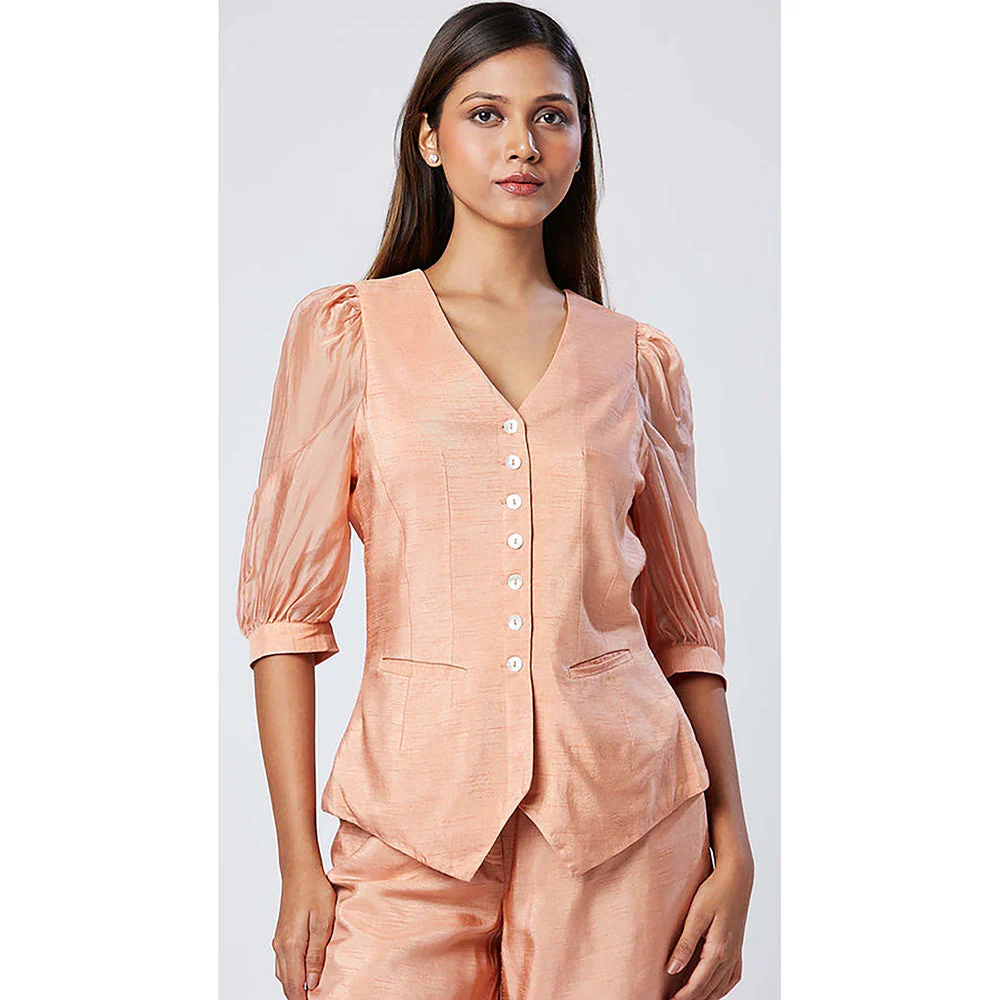 MADDER MUCH Peach Chanderi Silk V-Neck Solid/Plain Waistcoat Top With Pant - Image 5
