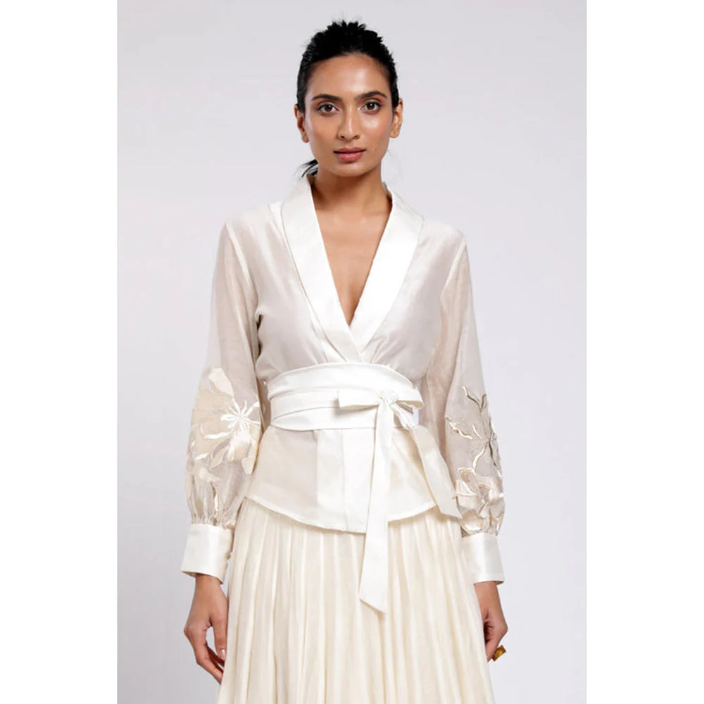 MADDER MUCH White Chanderi Solid Plain Top With Belt - Image 2