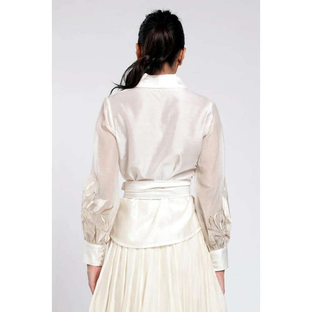 MADDER MUCH White Chanderi Solid Plain Top With Belt - Image 3