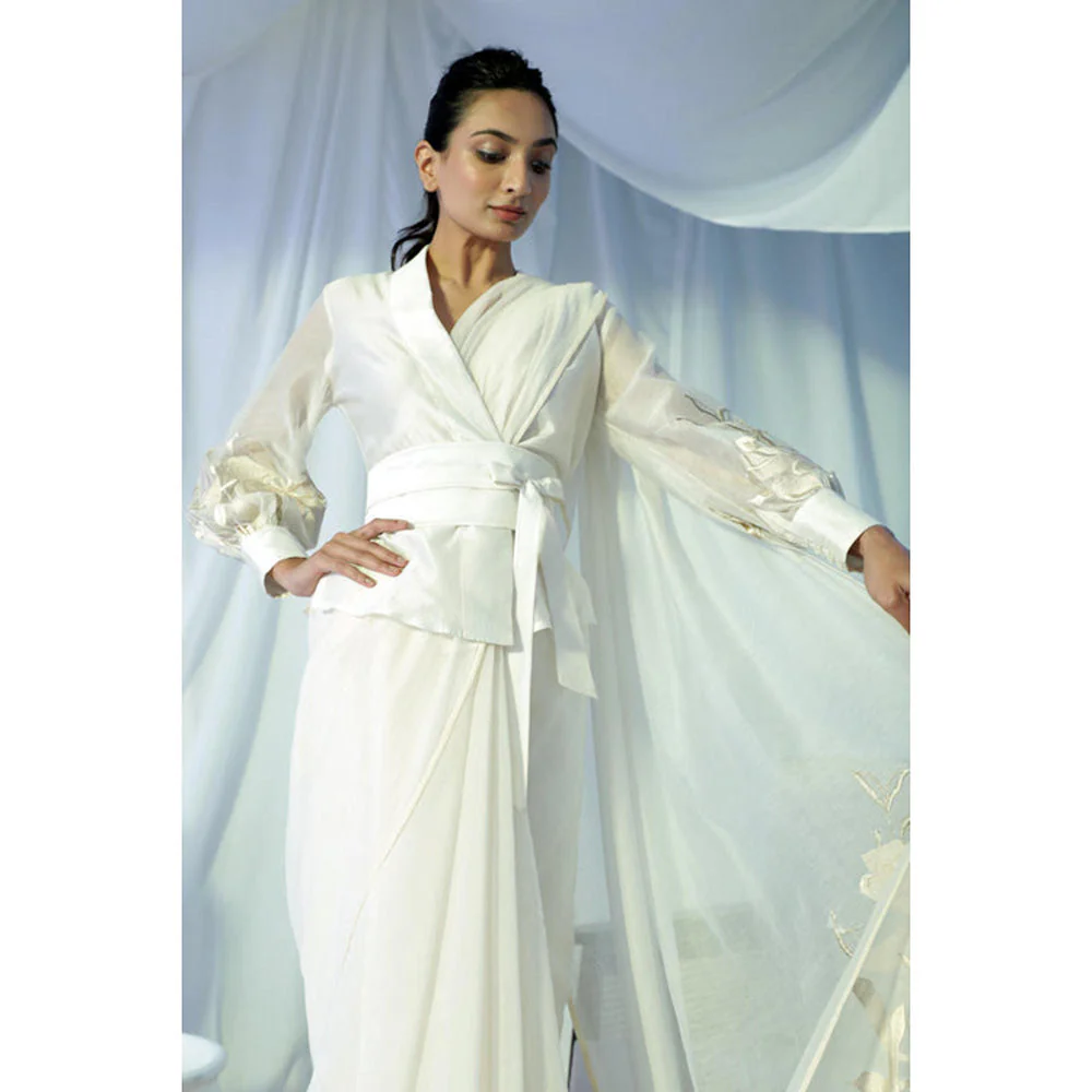 MADDER MUCH White Chanderi Solid Plain Top With Belt - Image 4