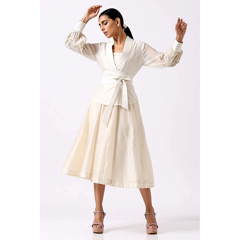 MADDER MUCH White Chanderi V-Neck Solid Fitted Midi Dress - Image 2