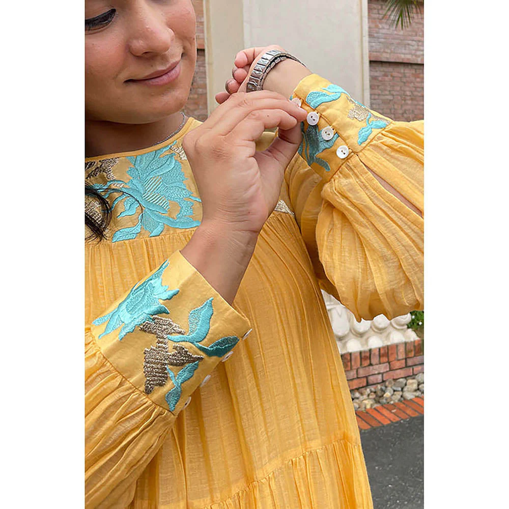 MADDER MUCH Yellow Chanderi Silk Crew Neck Solid Flared Mini Dress - Image 2