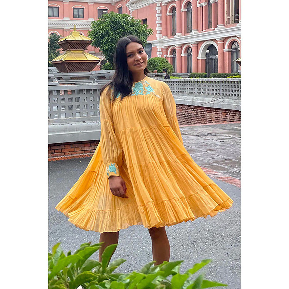 MADDER MUCH Yellow Chanderi Silk Crew Neck Solid Flared Mini Dress - Image 3