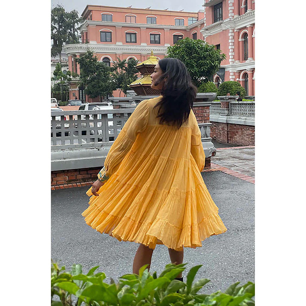 MADDER MUCH Yellow Chanderi Silk Crew Neck Solid Flared Mini Dress - Image 4