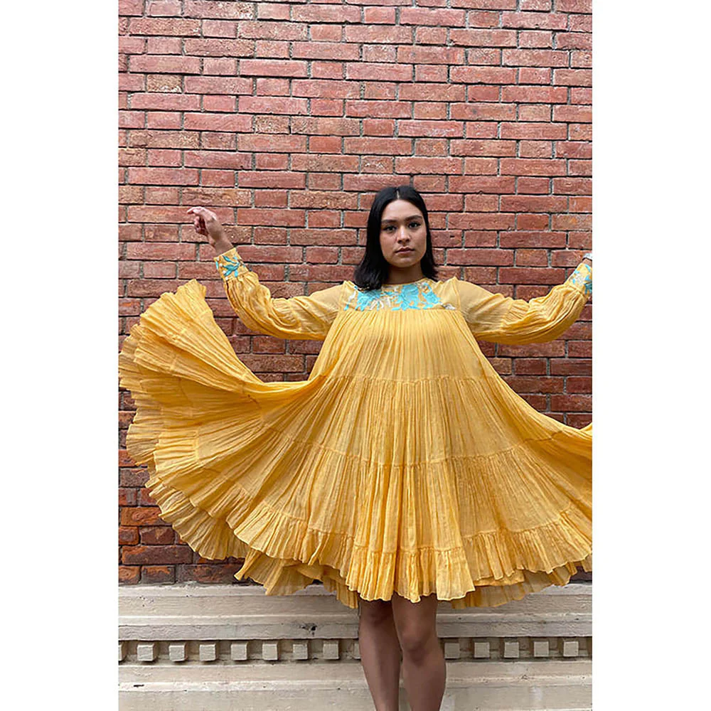 MADDER MUCH Yellow Chanderi Silk Crew Neck Solid Flared Mini Dress - Image 5
