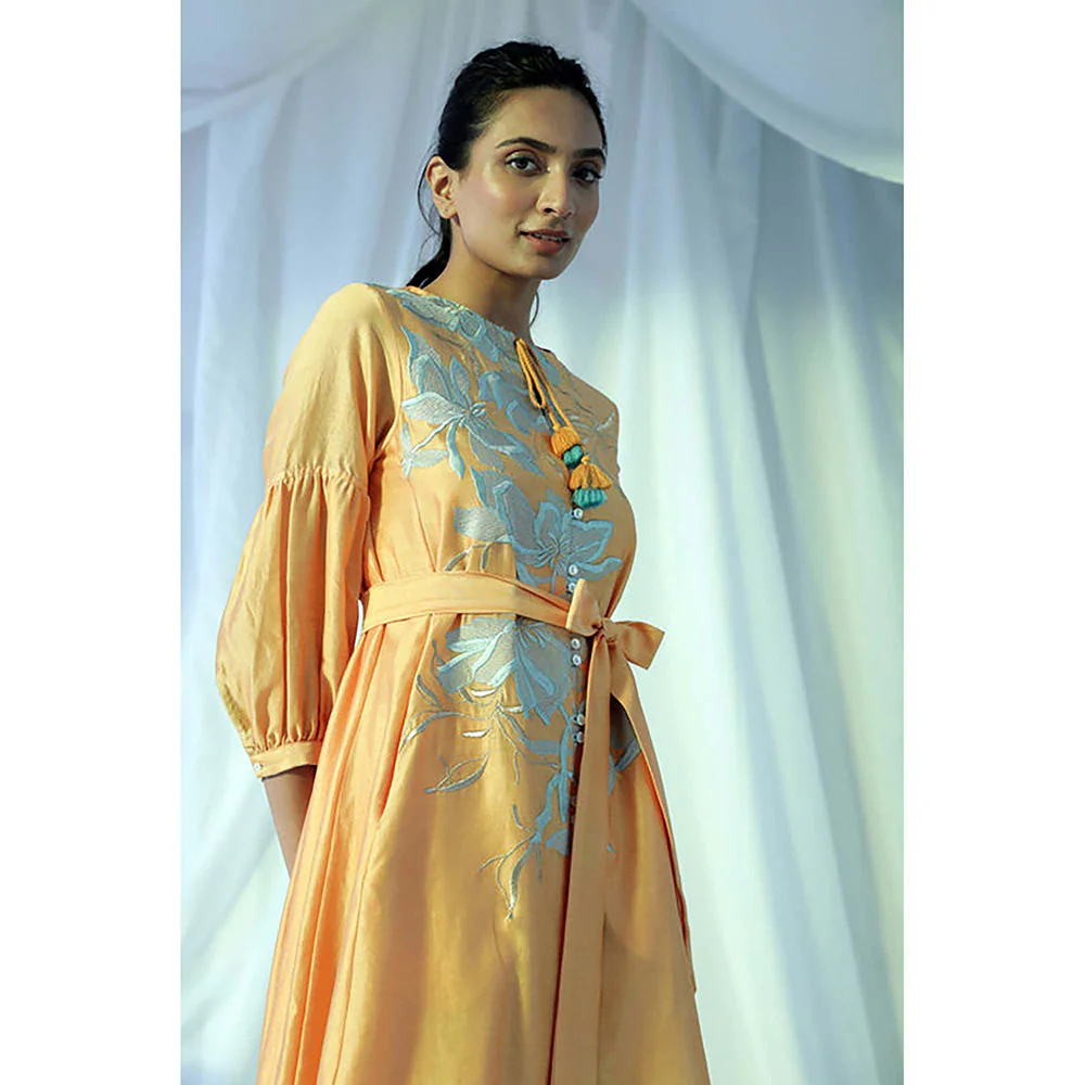 MADDER MUCH Yellow Chanderi Tie Up Neck Floral A-Line Midi Dress - Image 2