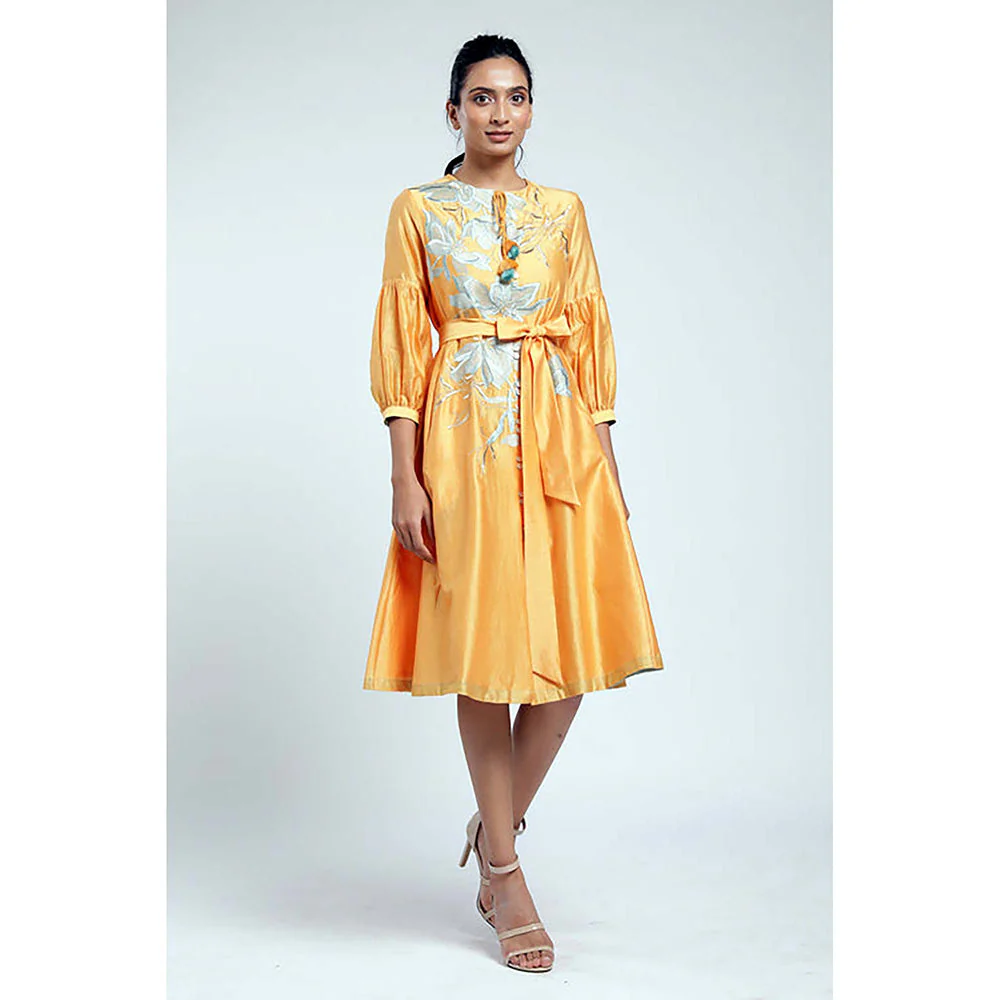 MADDER MUCH Yellow Chanderi Tie Up Neck Floral A-Line Midi Dress - Image 3
