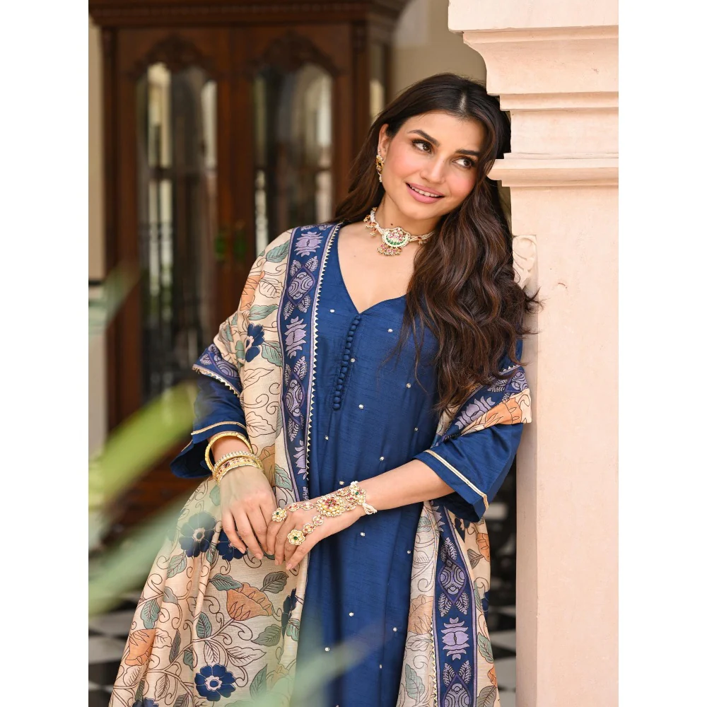 Mahee Jaipur Shubh Blue Kalamkari Kurta with Pant and Dupatta - Image 5