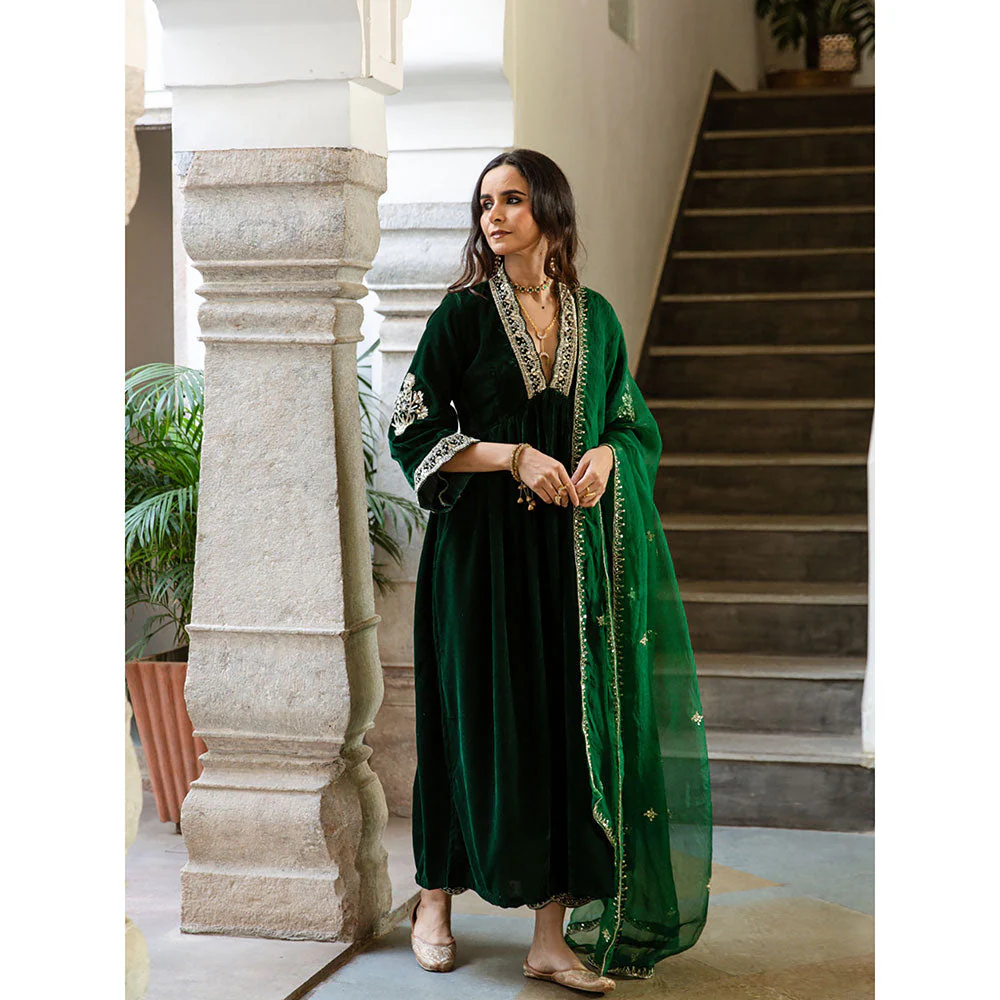 Maison Shefali Khizaan Panna - Velvet Embroidered Anarkali with Pant & Dupatta (Set of 3) - Image 5
