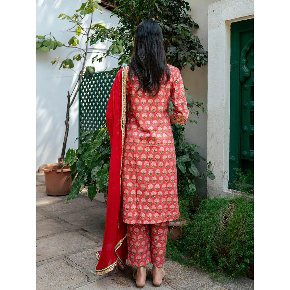 Maison Shefali Red Block Printed Kurta with Pant and Dupatta (Set of 3) - Image 3