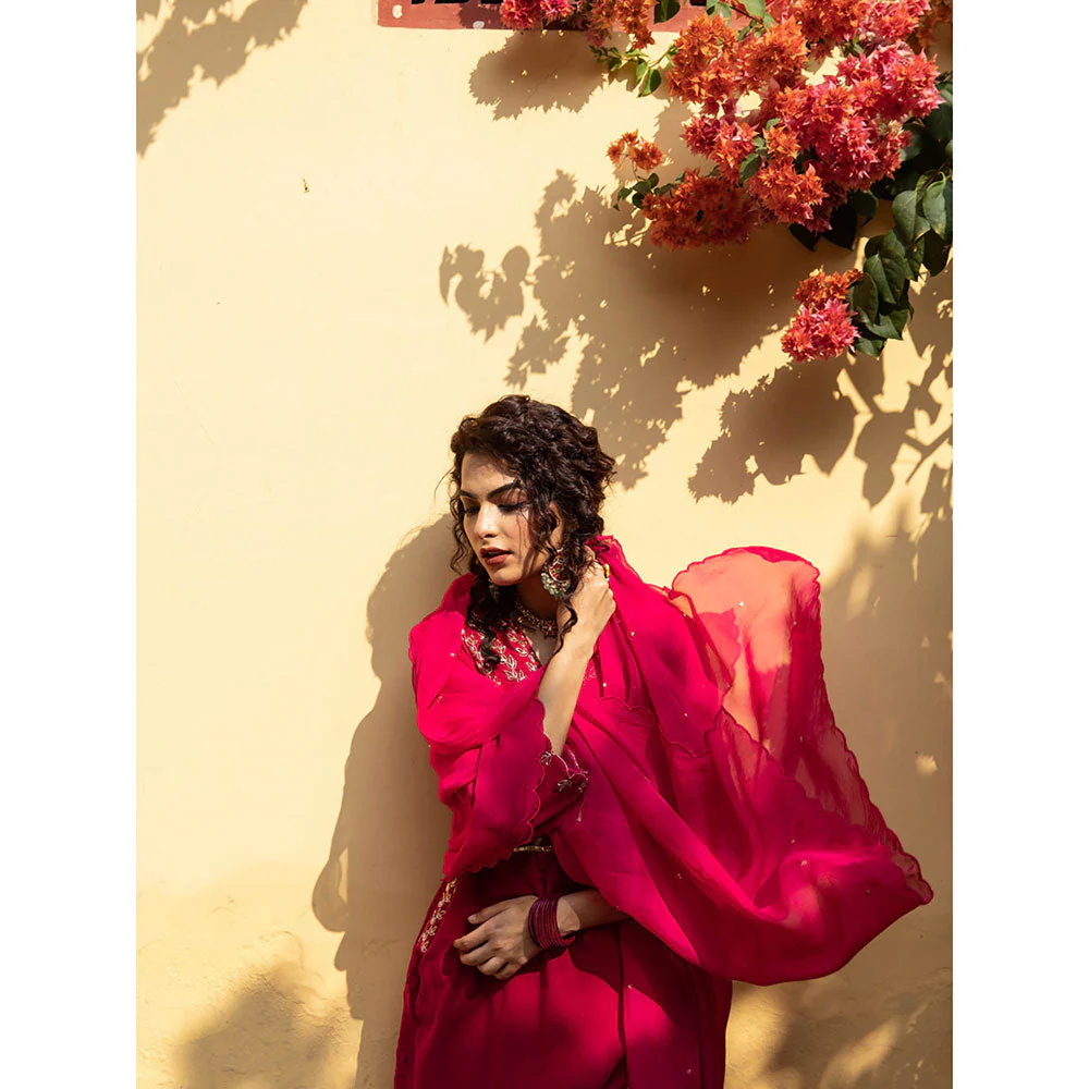 Maison Shefali Roya Gulabi - Velvet Embroidered Kurta & Pant with Dupatta (Set of 3) - Image 7