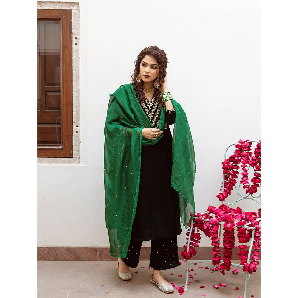 Maison Shefali Roya Panna - Velvet Embroidered Kurta & Pant with Dupatta (Set of 3) - Image 5