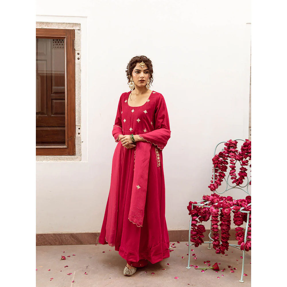 Maison Shefali Zeya Gulabi - Velvet Embroidered Anarkali & Pant with Dupatta (Set of 3) - Image 3