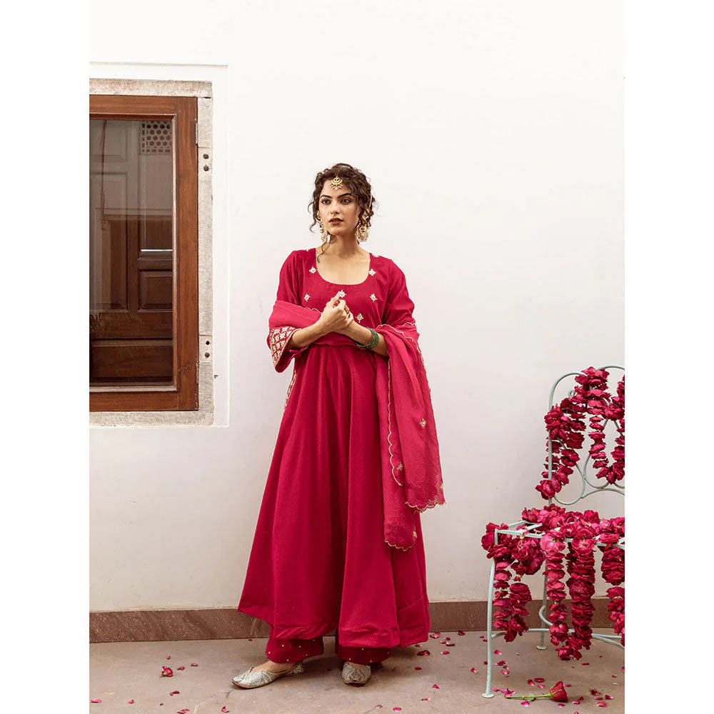 Maison Shefali Zeya Gulabi - Velvet Embroidered Anarkali & Pant with Dupatta (Set of 3) - Image 4