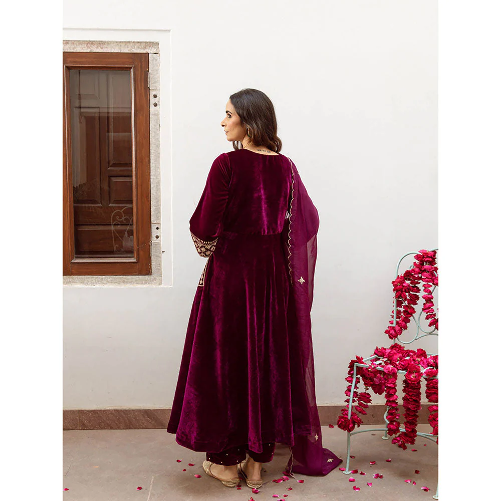 Maison Shefali Zeya - Velvet Embroidered Anarkali & Pant with Dupatta (Set of 3) - Image 4