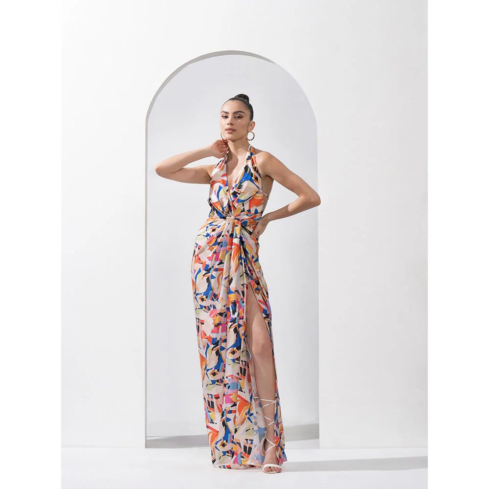 MANDIRA WIRK Abstract Geo Draped Halter Neck Dress Made with Lustrous Satin