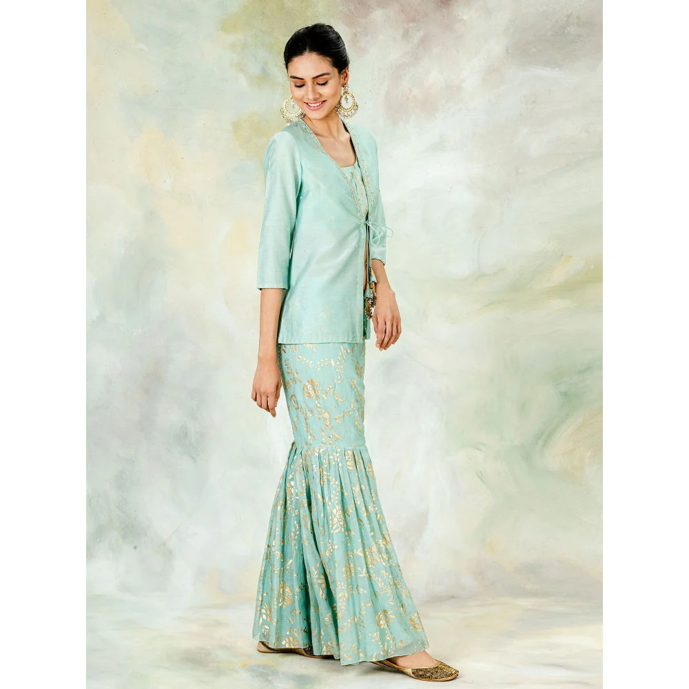 Mandira Wirk Aqua Hand Embellished Jacket With Foil Printed Blouse Garara (Set of 3) - Image 3