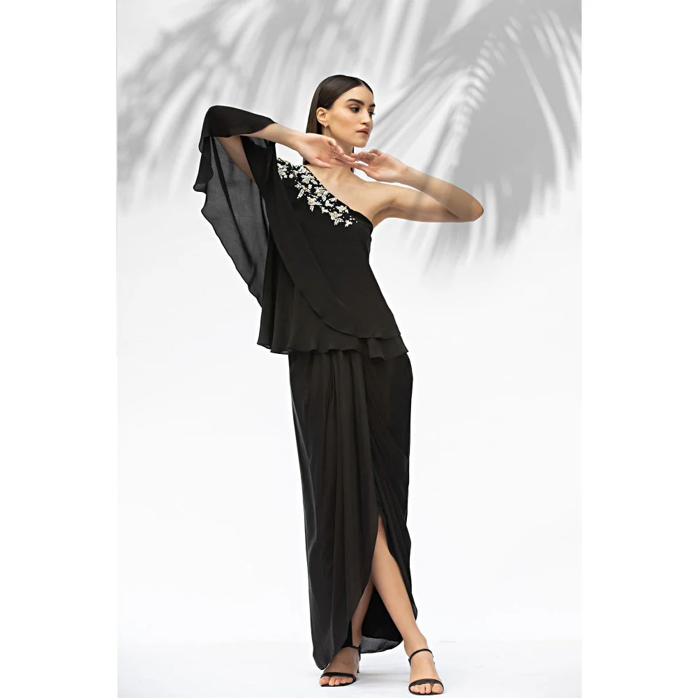 MANDIRA WIRK Black One Off Shoulder Top With Draped Skirt (Set Of 2) - Image 3