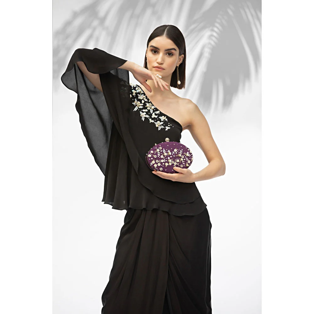 MANDIRA WIRK Black One Off Shoulder Top With Draped Skirt (Set Of 2) - Image 4