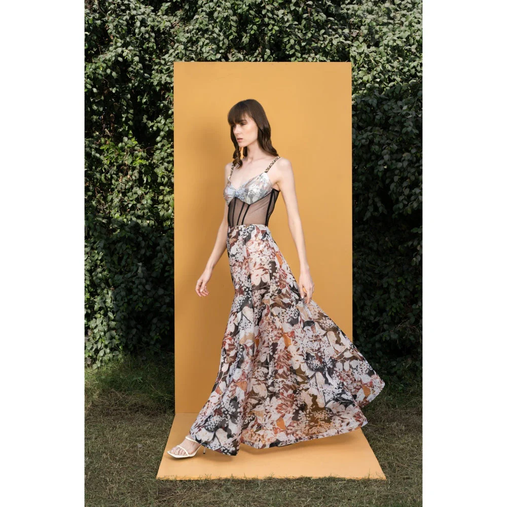 MANDIRA WIRK Black Rose Printed Sequins Romper Gown with Hand Embridered Straps and Boning - Image 3