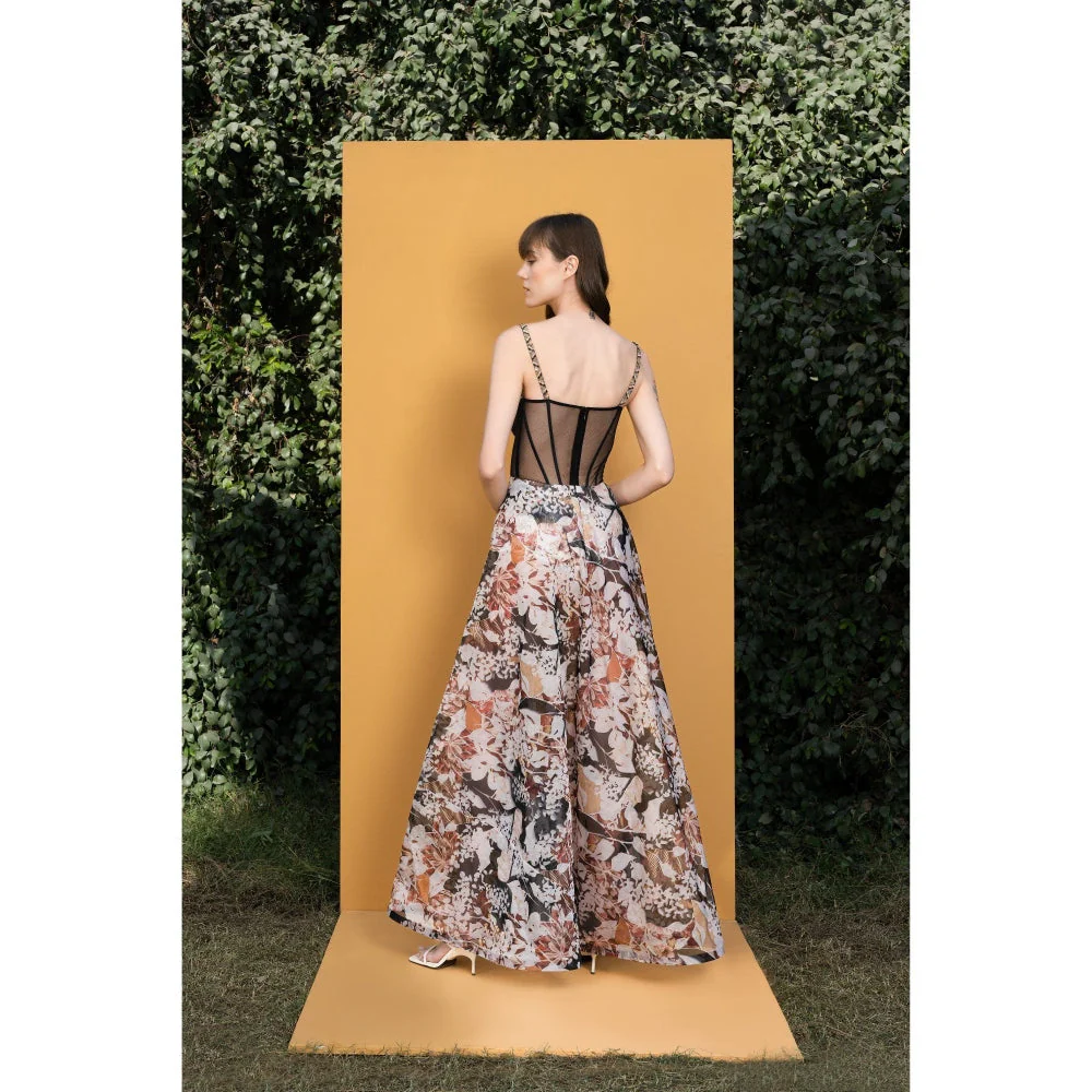 MANDIRA WIRK Black Rose Printed Sequins Romper Gown with Hand Embridered Straps and Boning - Image 4