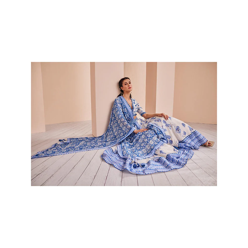 MANDIRA WIRK Blue Chanderi Printed Lehenga with Blouse and Dupatta (Set of 3) - Image 3