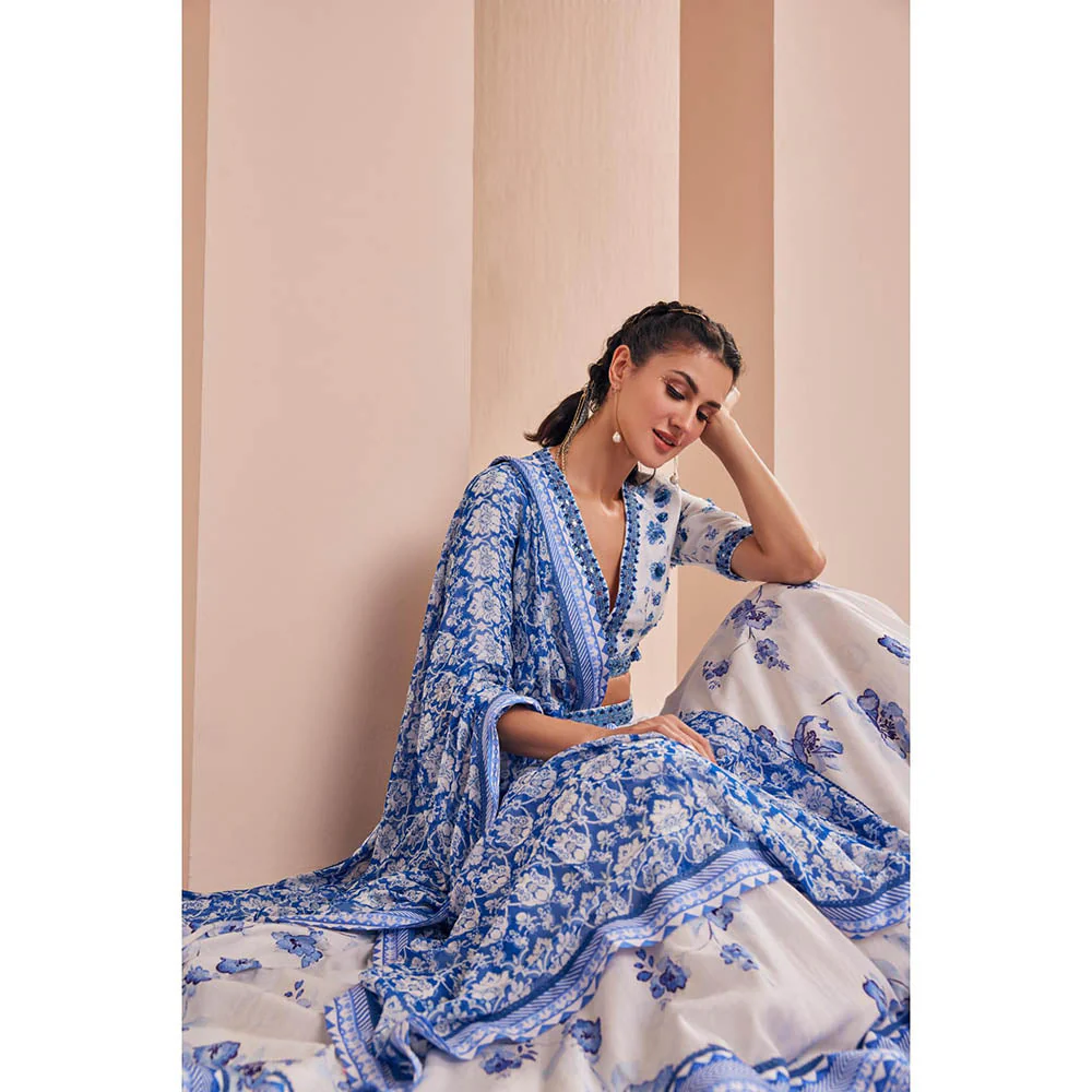 MANDIRA WIRK Blue Chanderi Printed Lehenga with Blouse and Dupatta (Set of 3) - Image 4