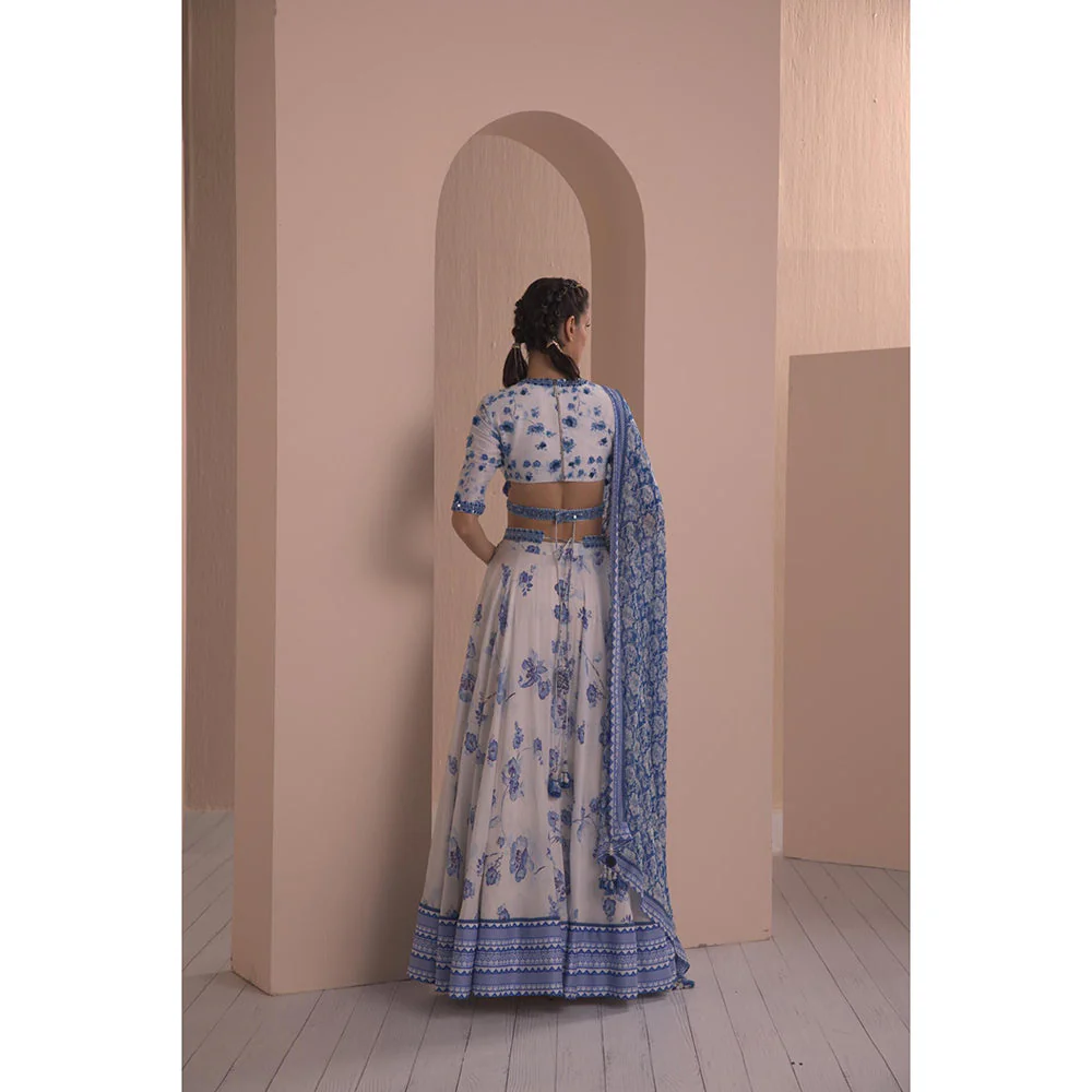 MANDIRA WIRK Blue Chanderi Printed Lehenga with Blouse and Dupatta (Set of 3) - Image 5
