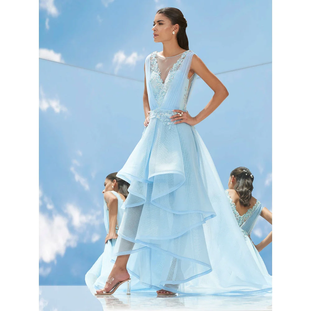 Mandira Wirk Blue Falling Leaves-Flora Embroidered Gown - Image 3