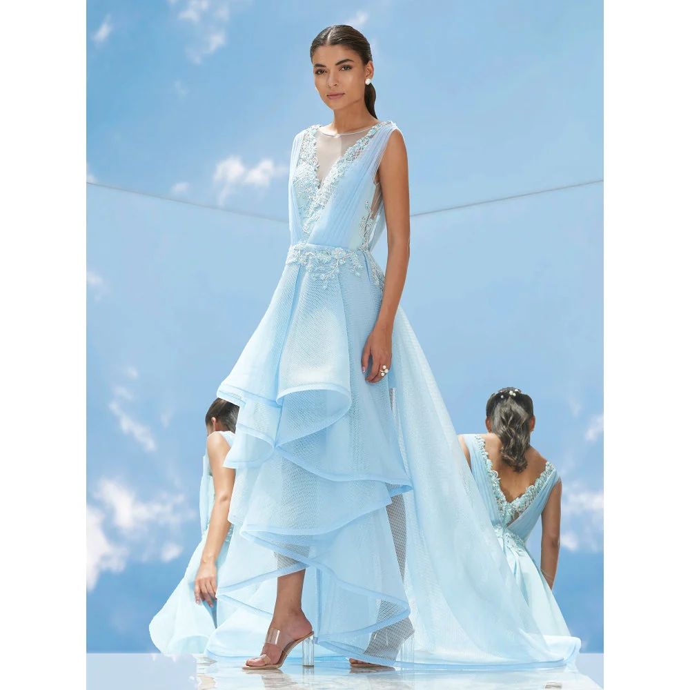 Mandira Wirk Blue Falling Leaves-Flora Embroidered Gown - Image 4