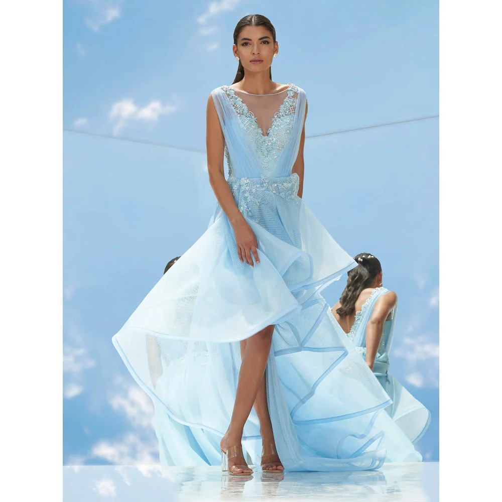 Mandira Wirk Blue Falling Leaves-Flora Embroidered Gown - Image 5