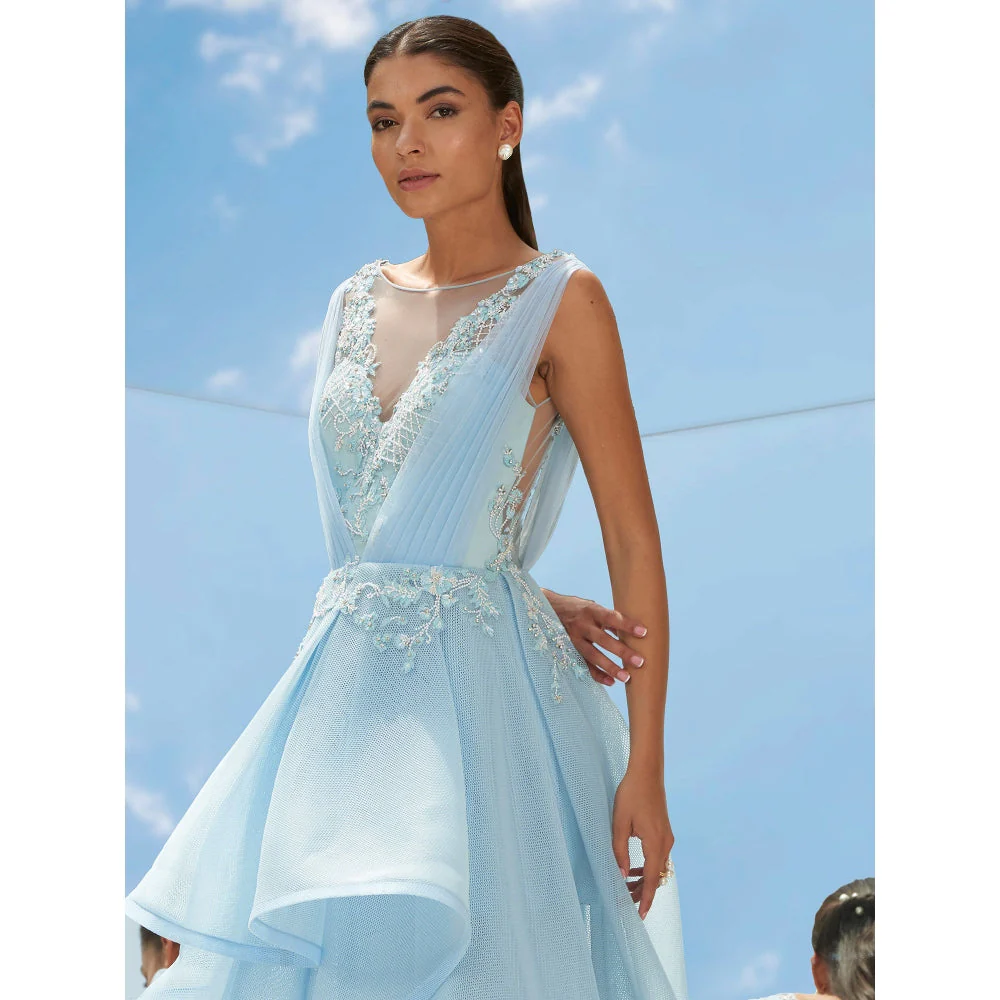 Mandira Wirk Blue Falling Leaves-Flora Embroidered Gown - Image 6