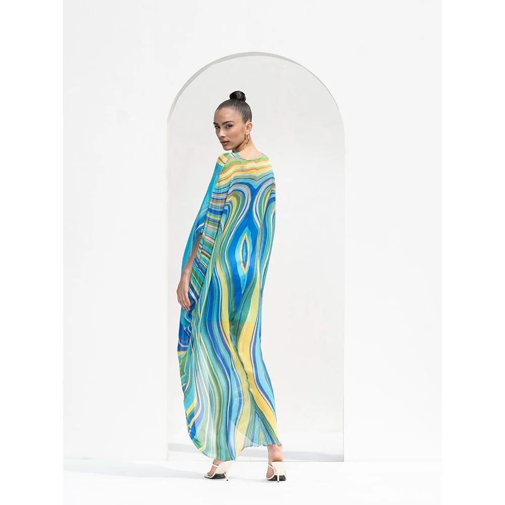 MANDIRA WIRK Blue Marble Placement Chiffon Kaftan Dress Designed with High Low Hem - Image 3