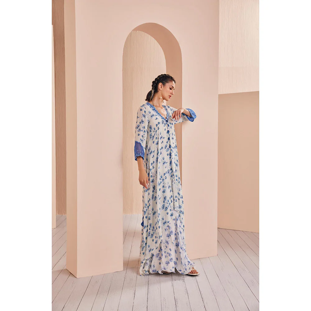 MANDIRA WIRK Blue Periwinkle Floral Printed Kurta and Sharara (Set of 2) - Image 3