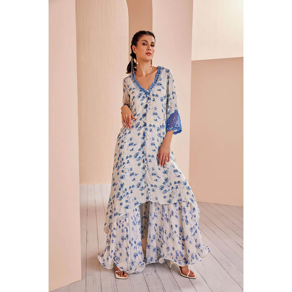 MANDIRA WIRK Blue Periwinkle Floral Printed Kurta and Sharara (Set of 2) - Image 4