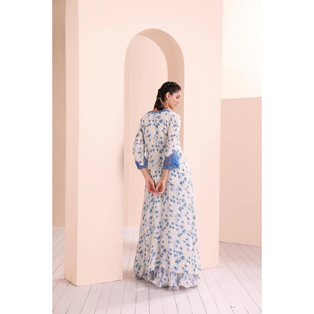 MANDIRA WIRK Blue Periwinkle Floral Printed Kurta and Sharara (Set of 2) - Image 5