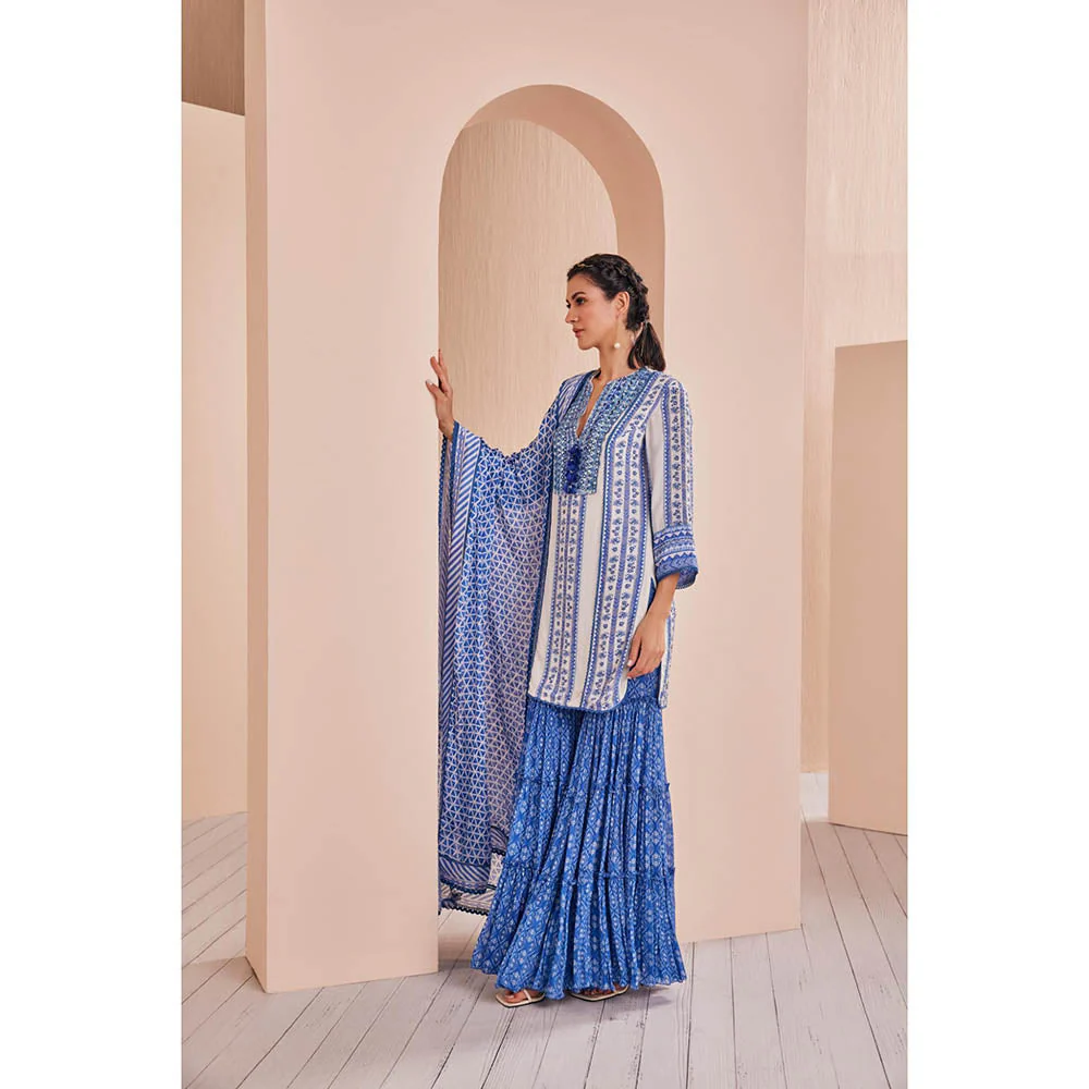 MANDIRA WIRK Blue Perwinkle Border Kurta with Sharara and Dupatta (Set of 3) - Image 3